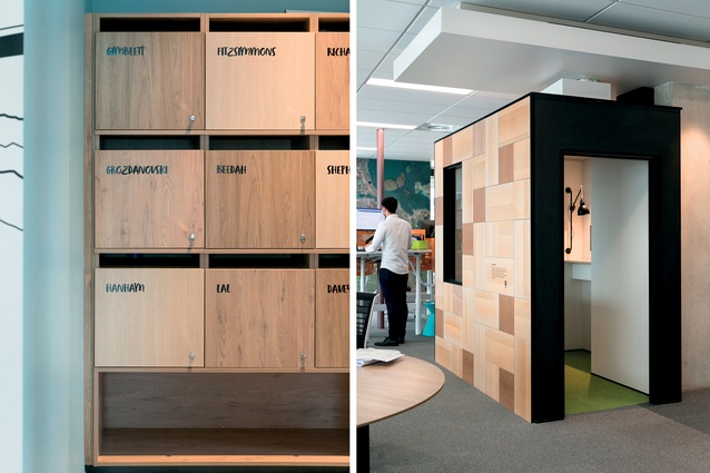 ‘Cubby holes’ suit the floating desk culture; the private-call phone booth is clad with timber from the previous office’s boardroom table. 