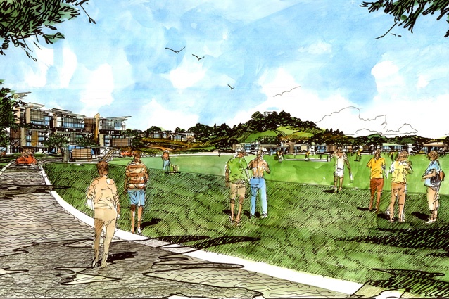 The recreation oval that will form the centre of the new community, with the peak of Big King visible at top right.