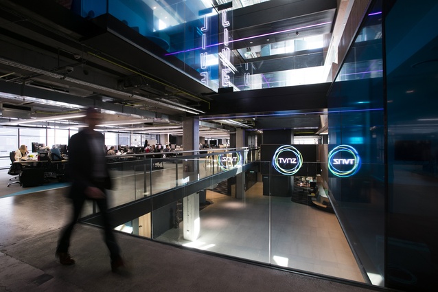 The newly refitted Television New Zealand headquarters, Auckland. The atrium provides connectivity between floors with new stairs and bridges connecting spaces up and down and side to side.