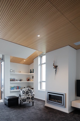 The living room features a plywood ceiling and bespoke bookcases.
