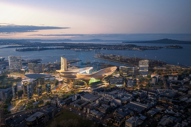 An aerial view of Te Tōangaroa (Quay Park), the proposed downtown stadium and neighbourhood precinct for Auckland.