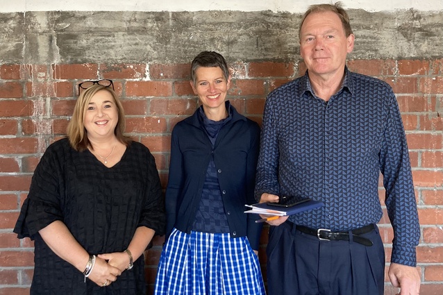 Sarah Connor (centre) with Studio Pacific Architecture people and practice Manager Paula MacDonald and managing director Evžen Novak.