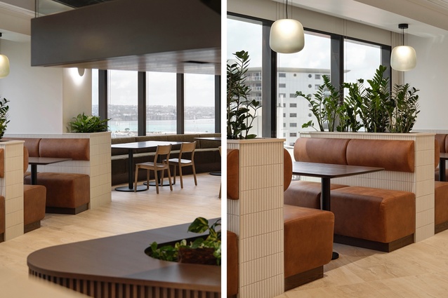 Booth seating in the social hub is Warwick Eastwood Tan.