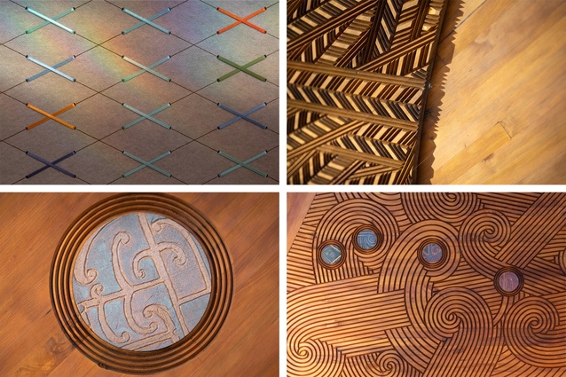 Clockwise from top left: Tukutuku with ribbon and acoustic panelling; maihi (bargeboard) detail with CNC-routered pattern into tōtara; matiti star constellation pattern with clay inserts; detail of purapura whetū clay insert.
