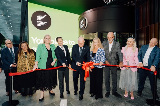 Simon Jamieson Ngāti Whātua chair Marama Royal, NZICC GM Prue Daly,SkyCity CEO Jason Walbridge, PM Christopher Luxon,Tourism Minister Louise Upston,Mayor Wayne Brown, Deputy Mayor Desley Simpson and Fletcher Building CEO Andrew Reding).