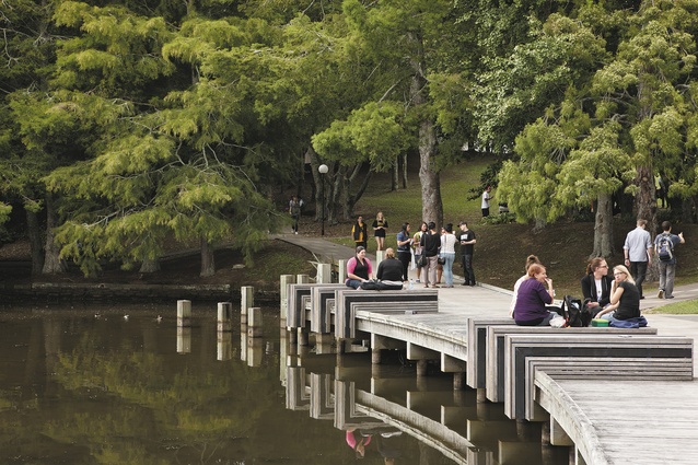 Boardwalk and seating around the university's lake.