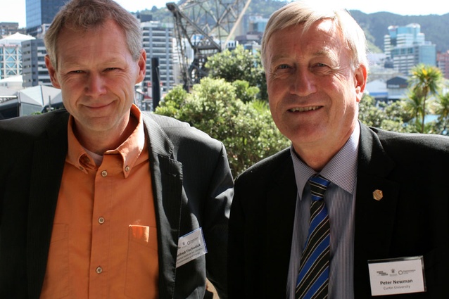 Manfred Fischedick, of the Wuppertal Institute, and Australian academic and author Peter Newman at the SustainableCities forum in Wellington.
