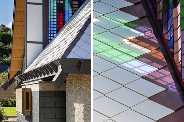 South gutter view and the new copper roof gutter at clerestory window sill.
