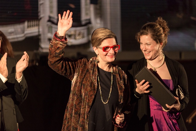 Carolina Izzo – Studio Carolina Izzo and Nessa Ryan-Andersen – RCP (right) receiving the Craftsmanship Award for <em>Conservation of the painted dome ceiling in the Isaac Theatre Royal</em>.