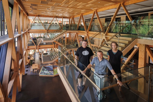 BIG partner Kai-Uwe Bergmann, architect Jeremy Smith and Scion’s Forests to Timber Products general manager Dr Henri Bailleres (centre) inside Scion’s award-winning building Te Whare Nui o Tuteata.