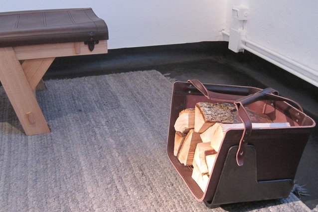 Thomas Eyck leather daybed and firewood bag.