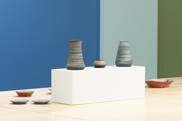 Micheal has worked on many exhibition designs with Objectspace in Ponsonby. Seen here is <em>Elizabeth Lissaman: the Art of Pottery</em> with <a 
href="https://www.resene.co.nz/swatches/preview.php?chart=Resene%20BS5252%20range%20%282008%29&brand=Resene&name=St%20Tropaz"style="color:#3386FF"target="_blank"><u>Resene St Tropaz</u></a>, <a 
href="https://www.resene.co.nz/swatches/preview.php?chart=Resene%20BS5252%20range%20%28pre%202008%29&brand=Resene&name=Gum%20Leaf"style="color:#3386FF"target="_blank"><u>Resene Gum Leaf</u></a> and <a 
href="https://www.resene.co.nz/swatches/preview.php?chart=Resene%20special%20palette%20-%20Hanmer%20Springs&brand=Resene&name=Fiji%20Green"style="color:#3386FF"target="_blank"><u>Resene Fiji Green</u></a>.