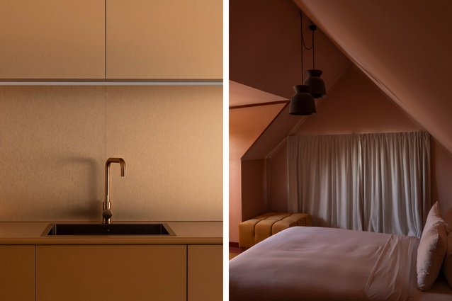 The studio kitchen is based on a two-tone copper and umber palette. Colour is used to effect on the walls upstairs.