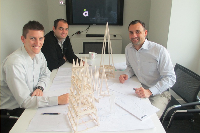 From left: Bradley Hubbard (structural engineer), Robert Tan (structural engineer), Luis Castillo (project leader) with Balsa wood model.