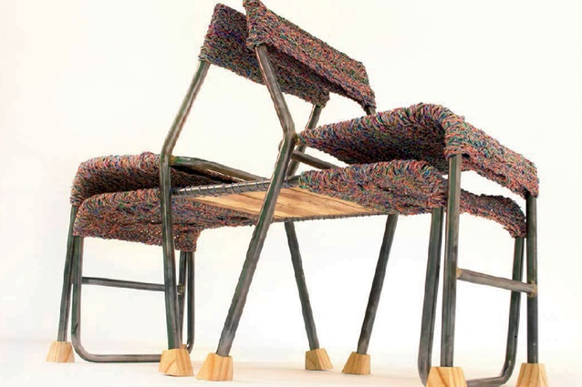 'Four Chairs' made from waste stream products. Four old school chairs have been developed into two chairs, a lamp and a table as part of the 'Fabricating the Laneway' project.