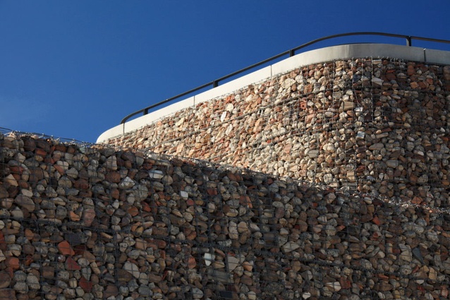 Massive gabion walls at Ballast Point Park, Sydney, a project by McGregor Coxall.