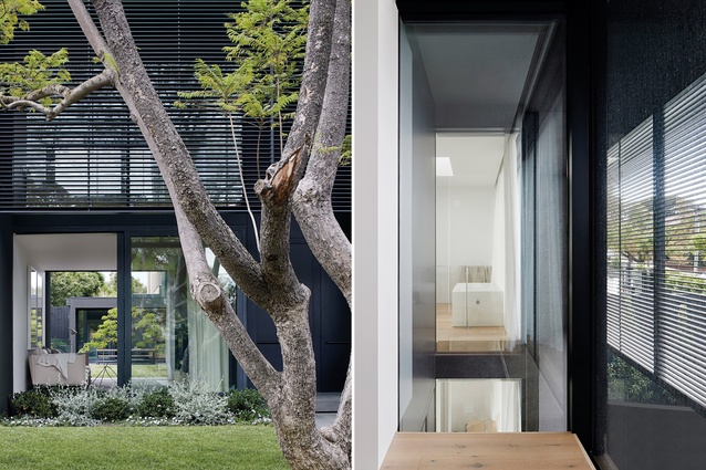 For the home’s upper levels, the blackened exterior steel screen offers privacy.