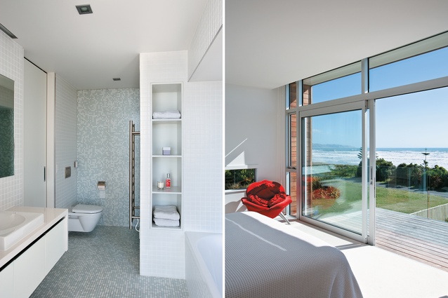Upper level bathroom; The main bedroom leads out onto a terrace overlooking the beach. 