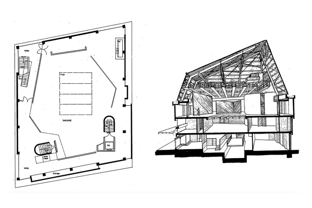 Plan and section of architect James Beard’s Hannah Playhouse (1973), designed for The Downstage Theatre Company.
