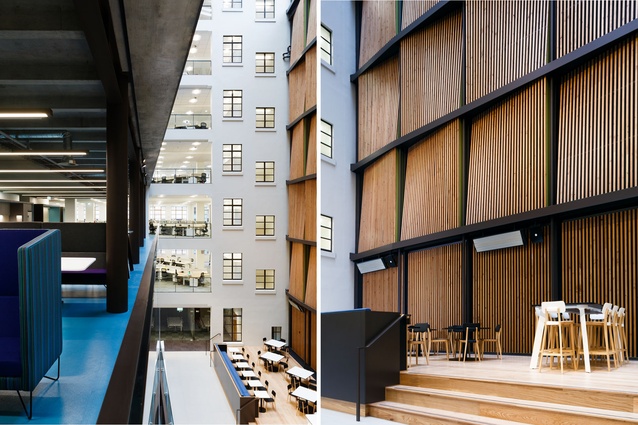 The heart of the building melds together a meeting space for people with a conjugation of building façades. 