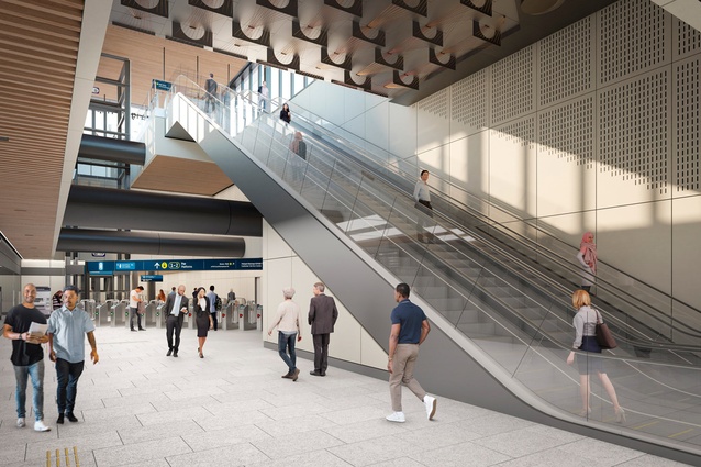 Pictured: Karanga Ā Hape Station's interior. This station's design references Tāne Mahuta, God of the forest, who pushed his parents apart to create light (day), a central part of the Māori creation story.