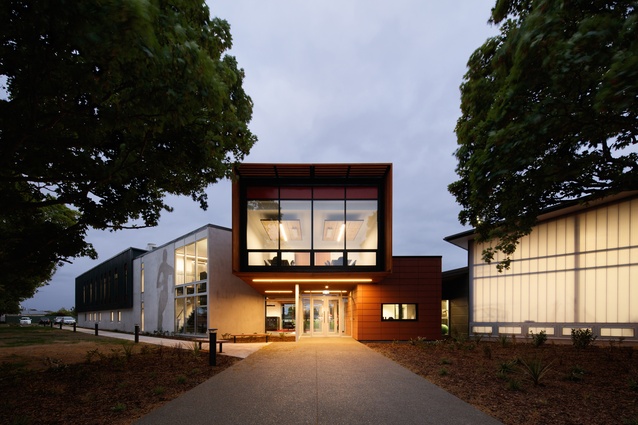 Canterbury Rugby Football Union, 2013, Athfield Architects. The main entry and two wings form the ‘L’ shaped building, creating a secure edge to the field beyond.