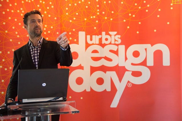 MC Jon Bridges entertains guests in the warm up to the Urbis Designday announcement.