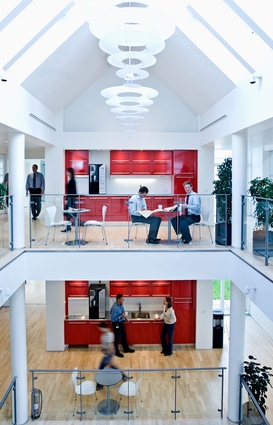 Interior view of kitchen areas and hallways at VKR Holdings. A total of 69 Velux windows are installed in the roof of this structure. Velux is a subsidiary of VKR.