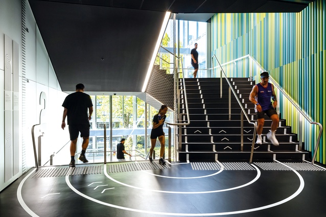 The central circulation stair zone features a black running track which extends from ground to roof. 
