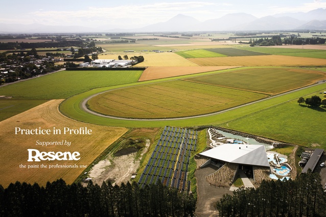 The aerial view of Ōpuke Thermal Pools and Spa looks across the Canterbury Plains.