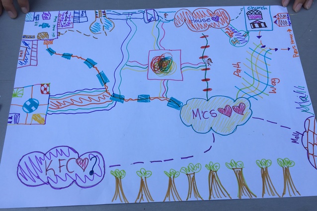 A neighbourhood drawing of the Puhinui Stream regeneration project from one of the Wiri Central School's student co-designers.