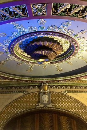 An ornate ceiling rose decorates the theatre above the stage, November 2020.