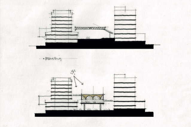 The Hub, Victoria University of Wellington. Top: Existing cross-section. Bottom: Proposed cross-section.