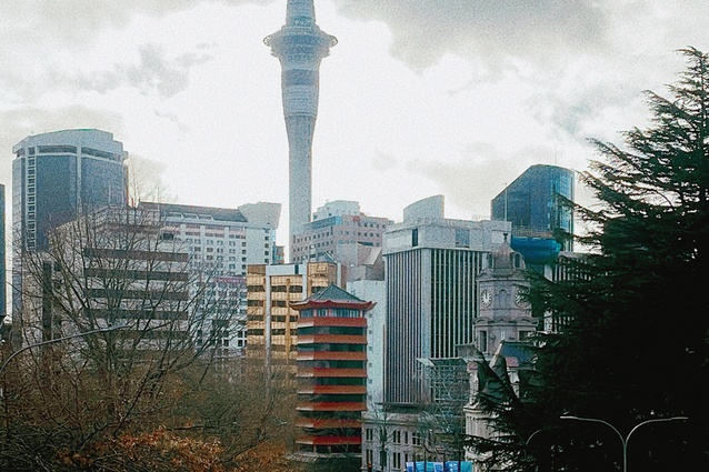The pagoda within the skyline.
