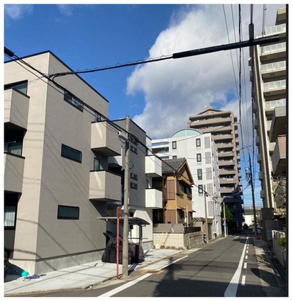 Typical urban form in Japan: Apartment towers fronting major roads, with density reducing back into urban blocks.  
