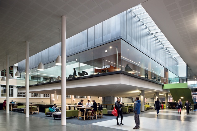 A levitating box floats over the common areas and provides gaps for light to penetrate deep into the building.