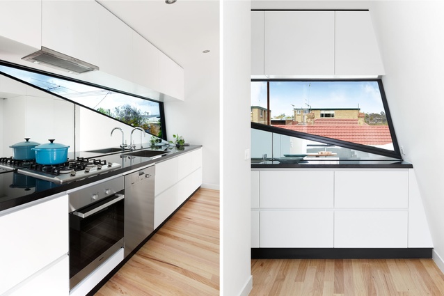 Irregularly shaped windows give the space a contemporary feel and allow plenty of sunlight in. 