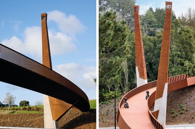 Left: Taurapa’s deck rests between the hefty corbels of two stately patterned posts, elevating common infrastructure. materials to artwork. Right: A graceful earth-red curve lifts out of the hillside, providing an uninterrupted connection for traversers of the Te Awa path.