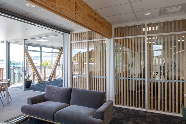 The second-floor office opens to a deck area in the northwestern corner.