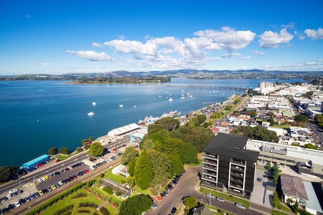 Aerial view of Tauranga's harbour and CBD, with Ignite's Latitude Residences bottom right.