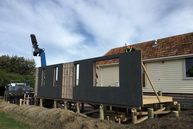 Prefabricated assembly of the Te Horo Beach addition, currently under construction, 2017.