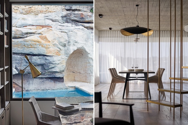 The existing rock forms in the backyard have been used to create the pool and a cave, which is used for meditation; the dining room light is Catellani & Smith Lederam S2 from Hub.