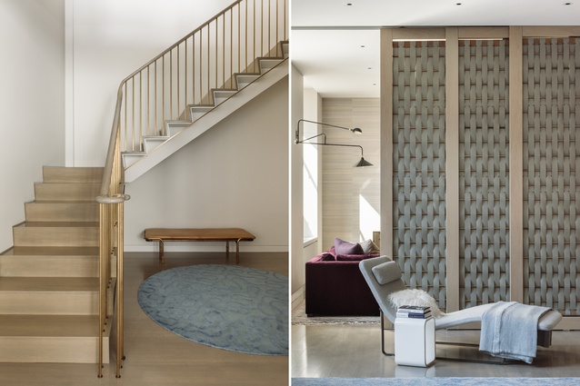 The staircase is elegant with fine bones. Throughout the house, rugs add softness and texture.