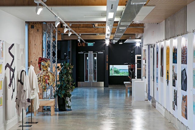 A wide corridor doubles as an exhibition space. 