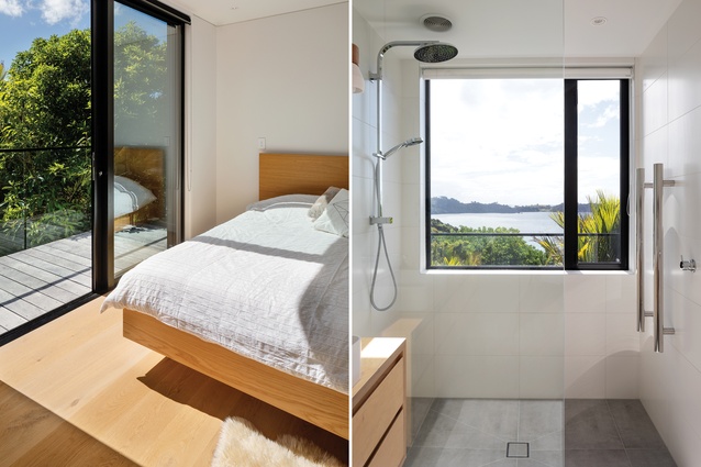 The master bedroom opens onto the Vitex deck and enjoys spectacular views
out to sea; the bathrooms were fully tiled upon arrival on site.