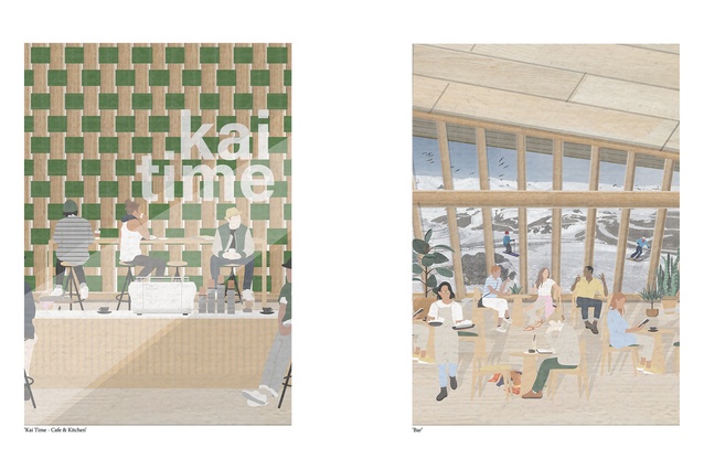 Thesis visualisations created through collage as a methodology similar to weaving. Kai Time: Cafe and Kitchen and Bar. 