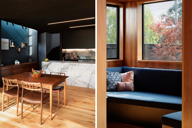 Left: Carefully placed skylights and natural surfaces add layers of sensory experience to the interior. Right: A living nook opens off
the central kitchen and dining space.