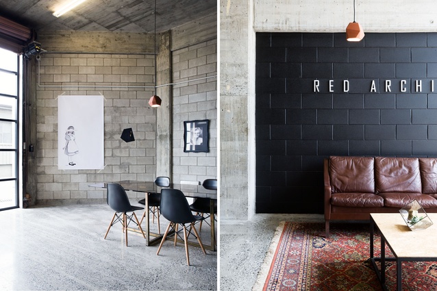 Leather sofa, wool rugs and terracotta pendant lights act as foils to the hard, industrial surfaces. 