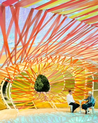 Interior of the 2015 Serpentine Pavilion. The lightweight, dynamic ETFE used was printed in 19 colours to achieve the architects' kaleidoscopic, somewhat trippy design.