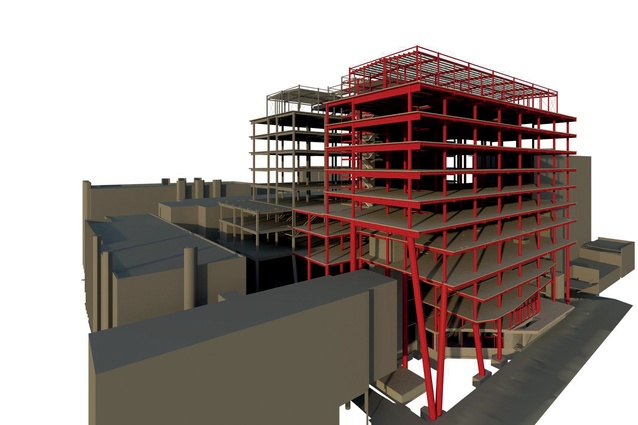 Rendered image showing new structure interfaced with existing.

